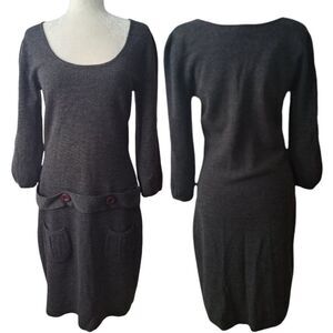 Tweeds Women Grey Knit Sweater Dress Merino Wool Blend 3/4 Sleeves Scoop Neck L